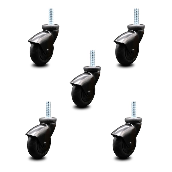 3 Inch Black Hooded Neoprene Rubber 3/8 Inch Threaded Stem Casters SCC, 5PK